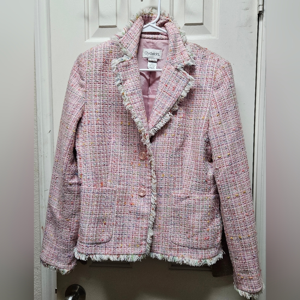 Chadwicks Pink Tweed Fringe Blazer – Size 8